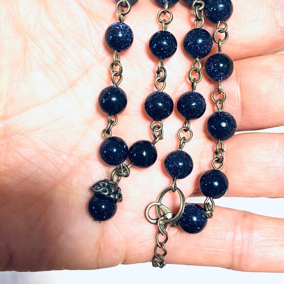 Dark Blue Goldstone Bronze Link Adjustable Short Necklace w/ Cute Acorn Pendant - Picture 15 of 15